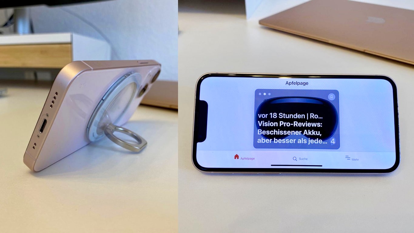 Als Standfuß eignet sich der iRing Mag ganz hervorragend.