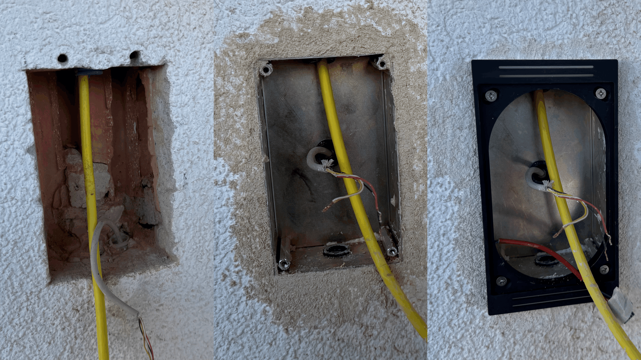 Mit etwas Geschick ist die Unterputzvariante der Türklingel schnell eingebaut. Neben dem Ethernet-Kabel (gelb) kann man auch den alten Klingeldraht an die Robin ProLine HD anschließen.