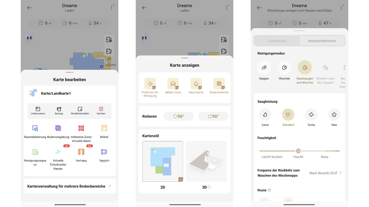 Die Dreame-App als Steuerzentrale für eine individuelle Reinigung mit zahlreichen Einstellungsmöglichkeiten