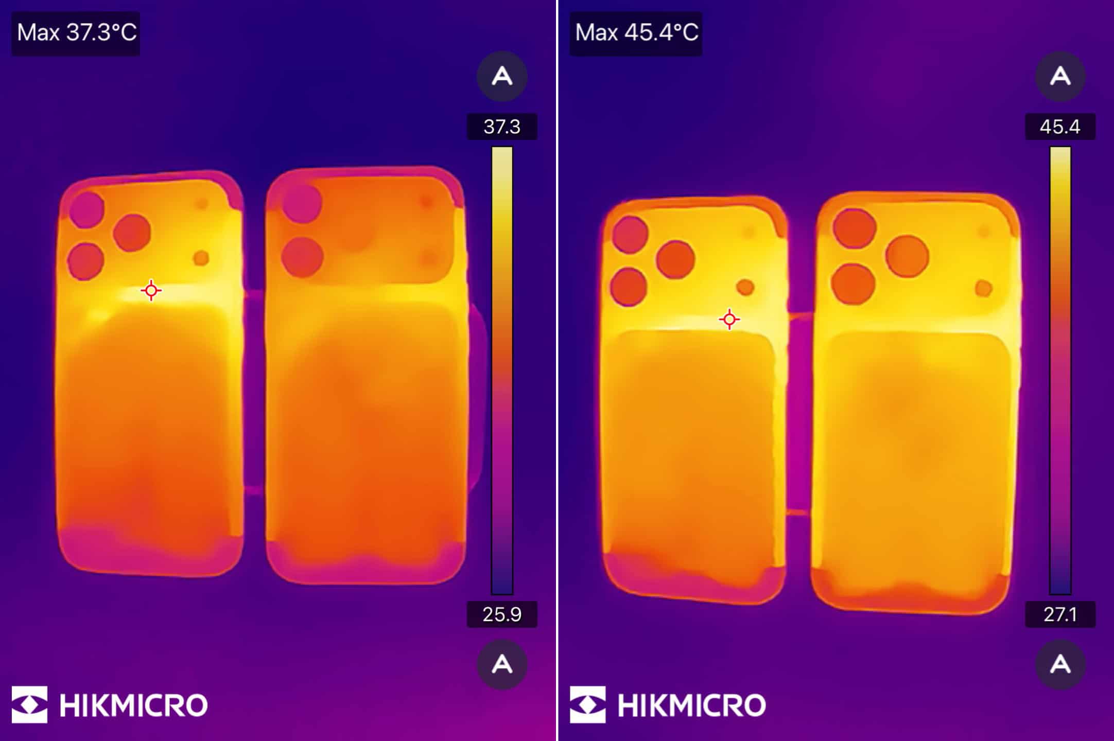 Jeweils die Gehäuse-Temperaturen des iPhone 17 Pro (links) und des iPhone 18 Pro (rechts) bei Beginn und bei Ende des 3DMark-Stresstests.